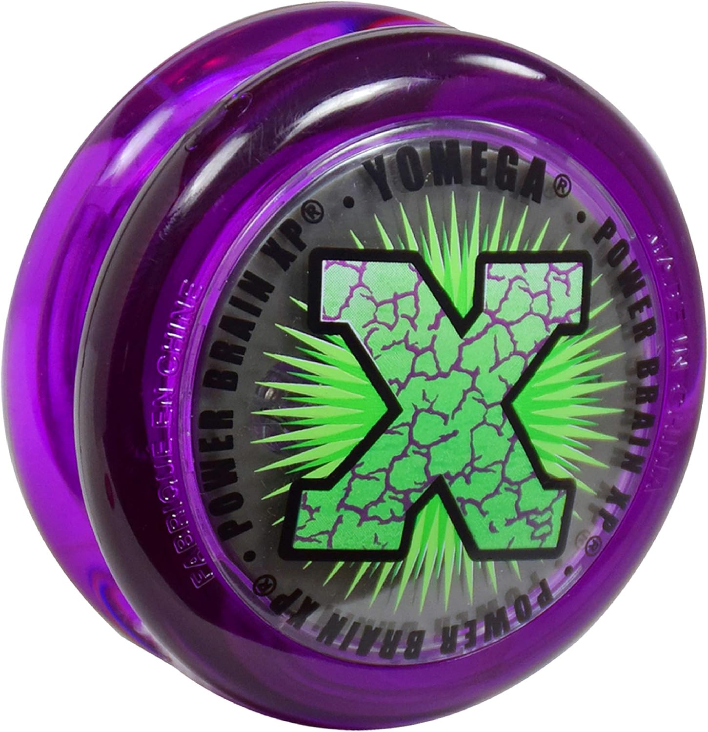 Yomega Power Brain XP yo-yo in translucent purple with a green X logo